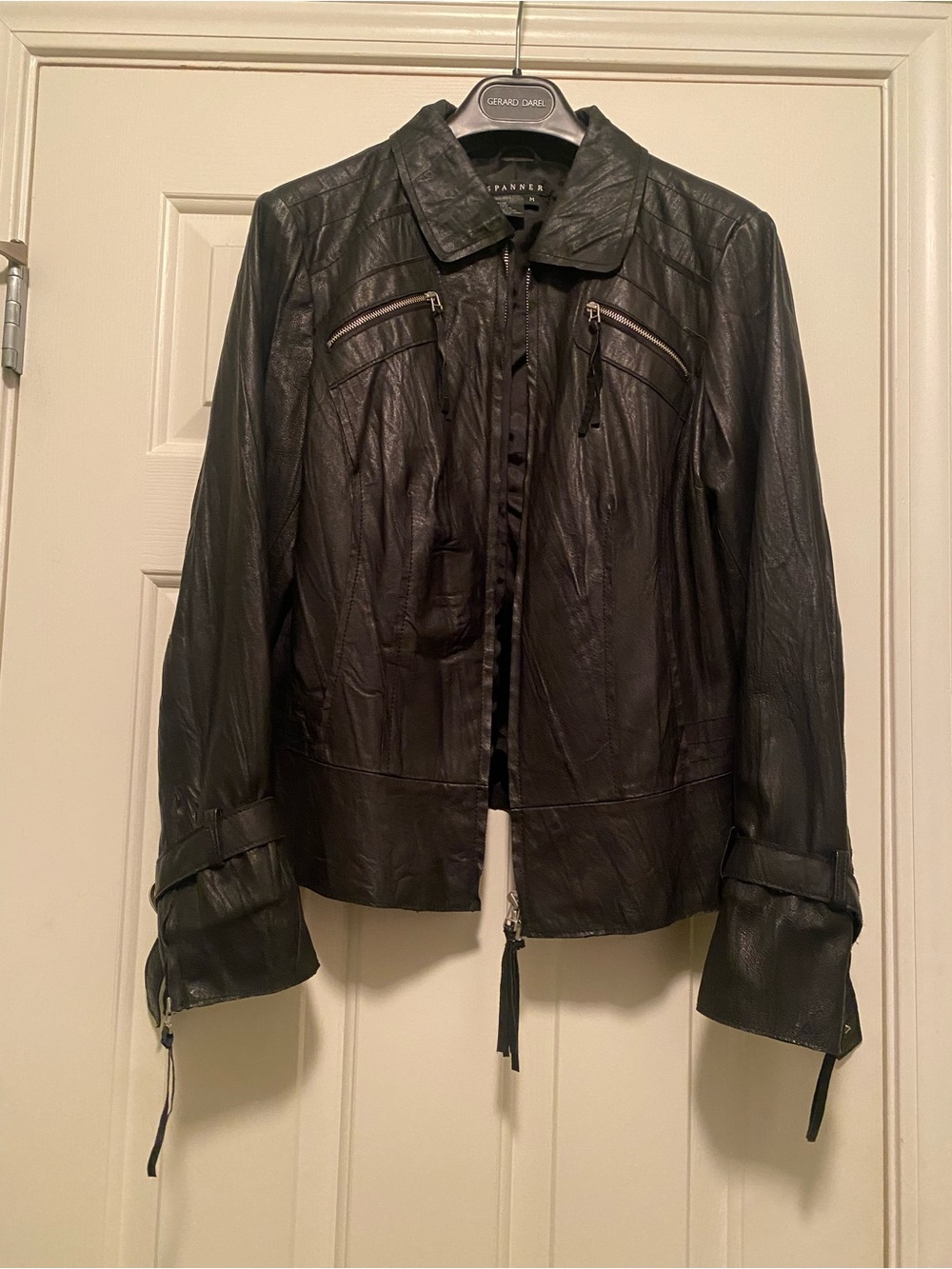 SPANNER Black Leather Moto-Style Zip Jacket